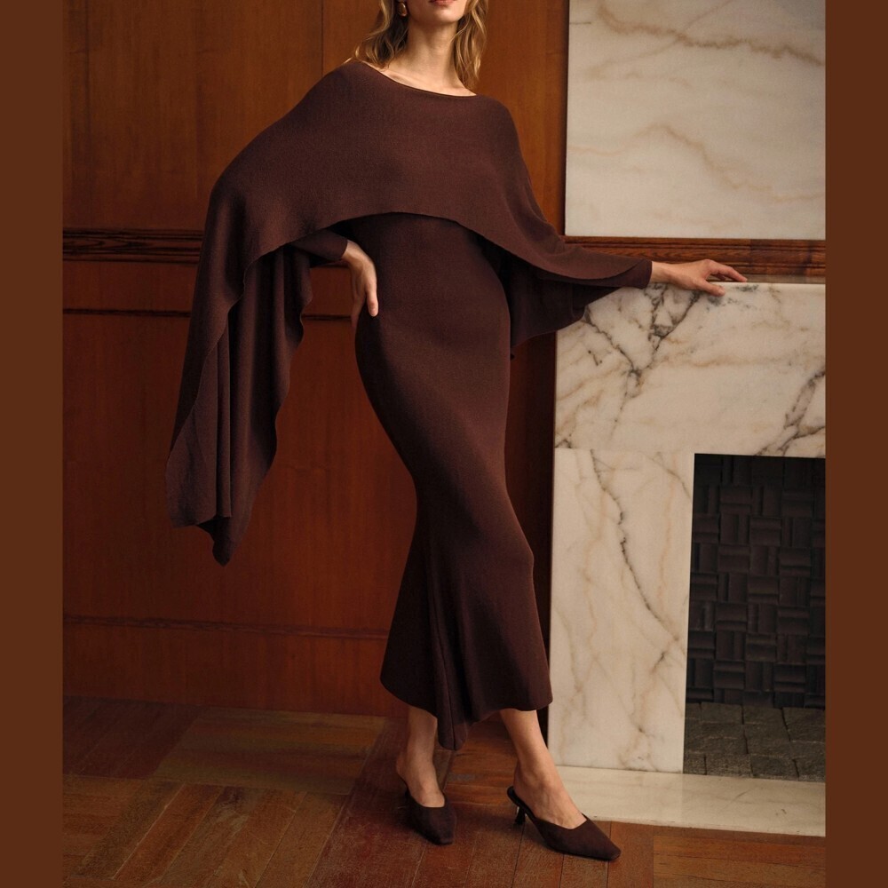 Brown Knit Boat Neck Cape Sleeve Fit Flare Maxi Sweater Dress